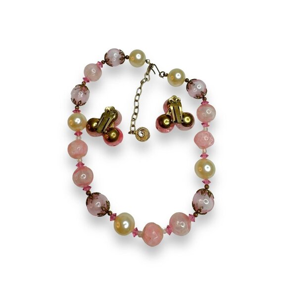 Lisner Faux Pearl Pink Bubble Acrylic Crystal Gold Tone Necklace Earring Set - Picture 9 of 9